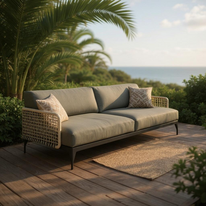 Outdoor sofa with wicker frame and cushioned seat on a wooden deck with ocean view