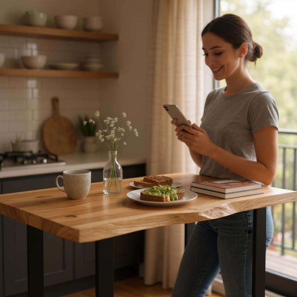 Woman using a smartphone in a kitchen with a table and food items.