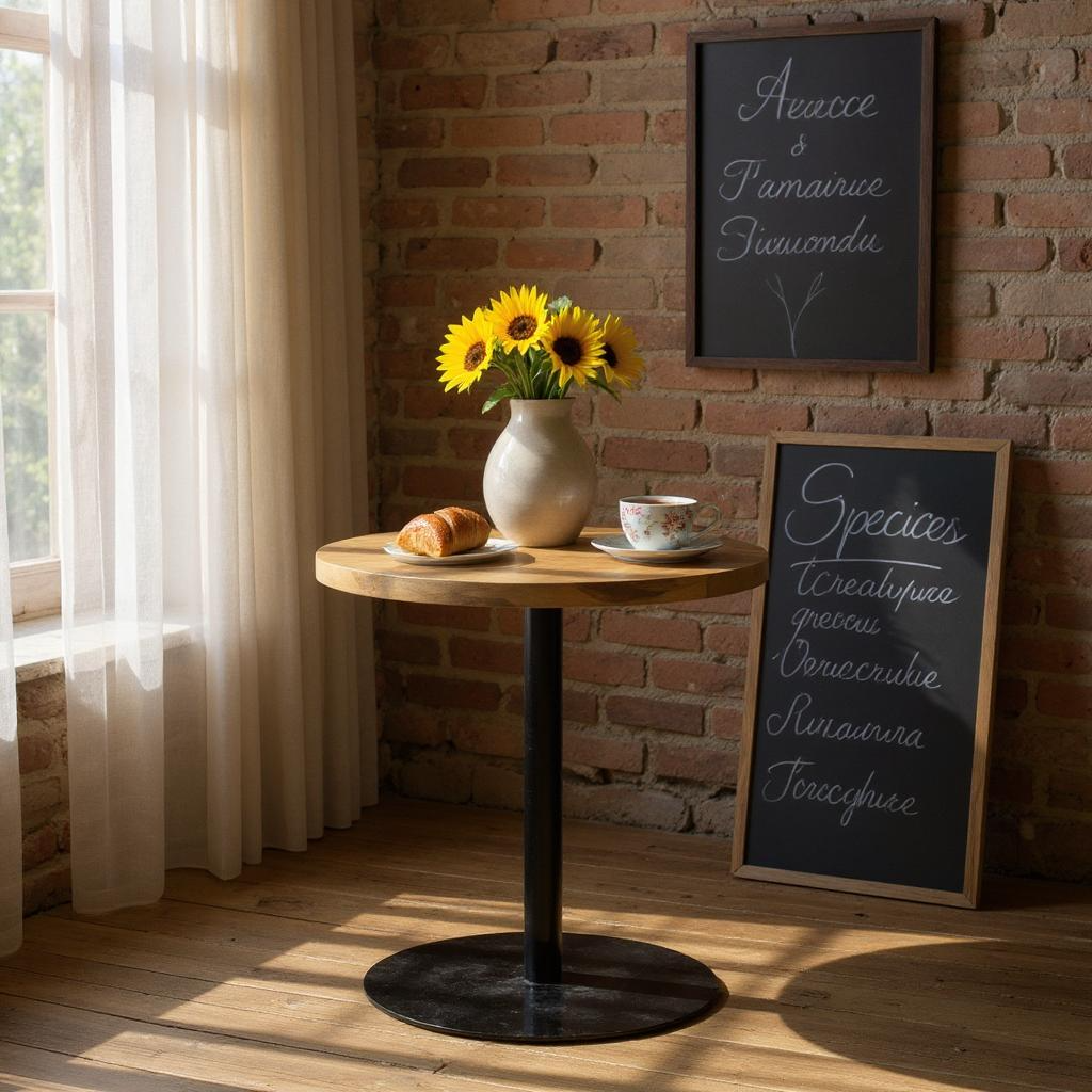 Small wooden table with a vase of sunflowers, croissants, and a cup against a brick wall with framed text.