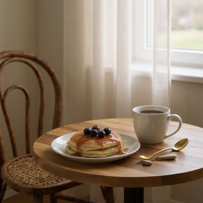 Plate of pancakes with syrup and blueberries next to a cup of coffee on a wooden table.