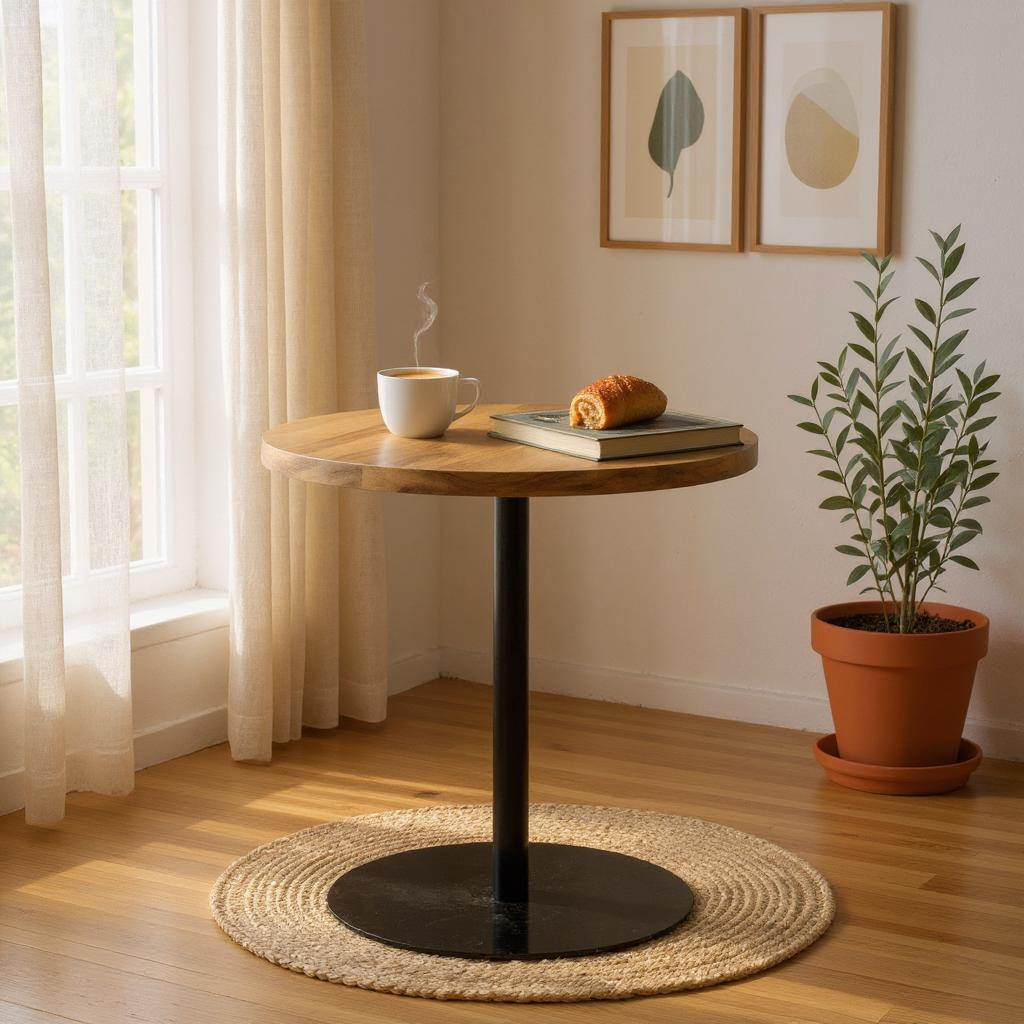Small wooden table with a cup, book, and croissant next to a potted plant in a room with light-colored walls and curtains.