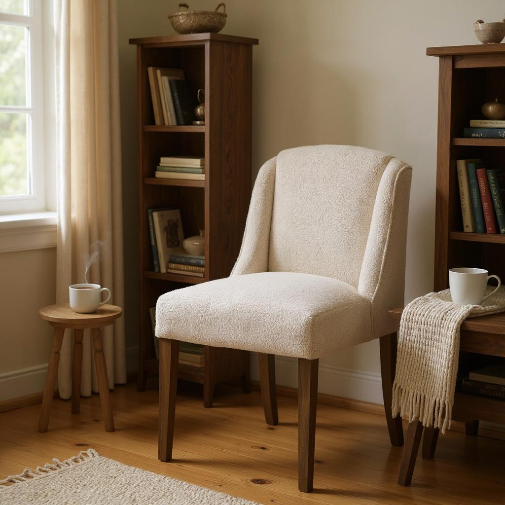 Beige upholstered chair in a room with wooden bookshelves and a small table.