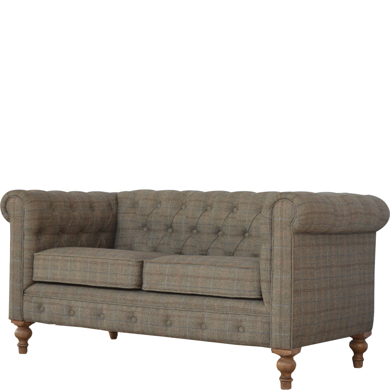 Gray checkered sofa with wooden legs on a white background