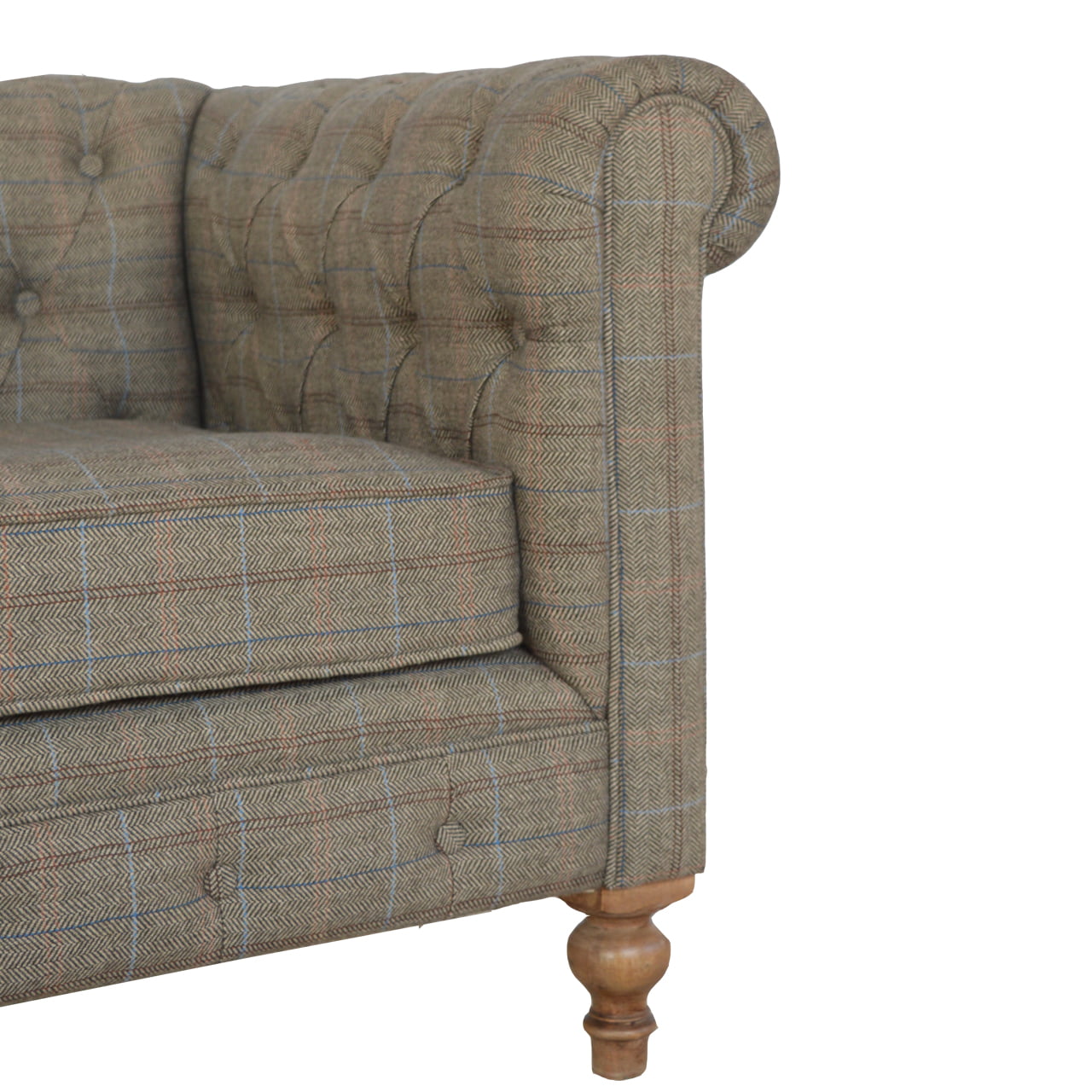Brown checkered sofa with wooden legs on a white background