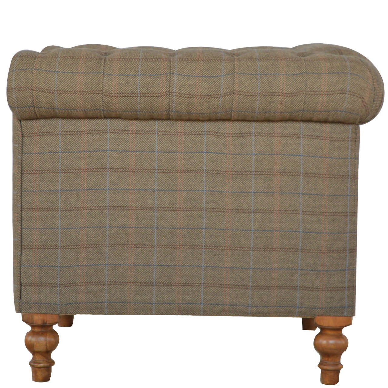 Chair with plaid fabric and wooden legs on a white background