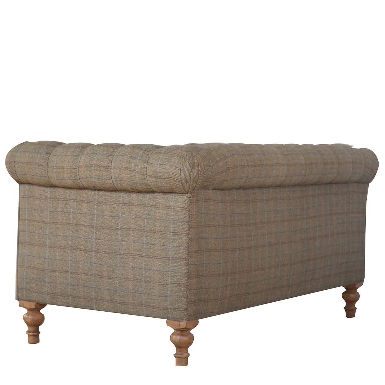 Brown checkered ottoman with wooden legs on a white background