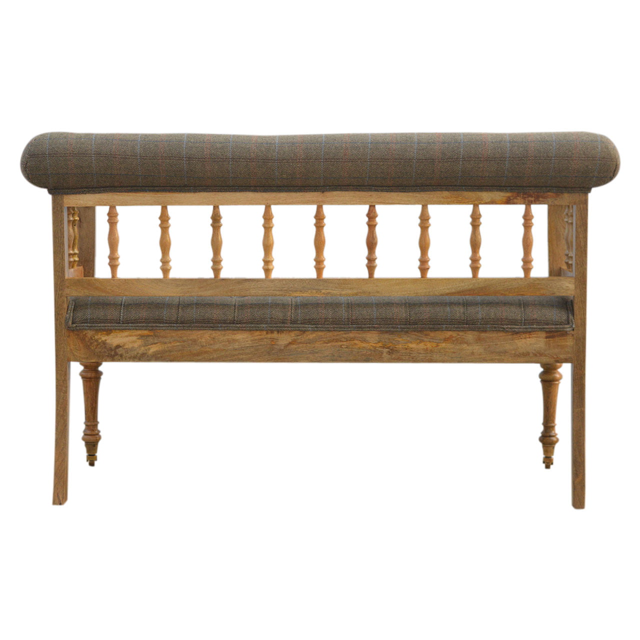 Wooden bench with upholstered backrest and seat on a white background