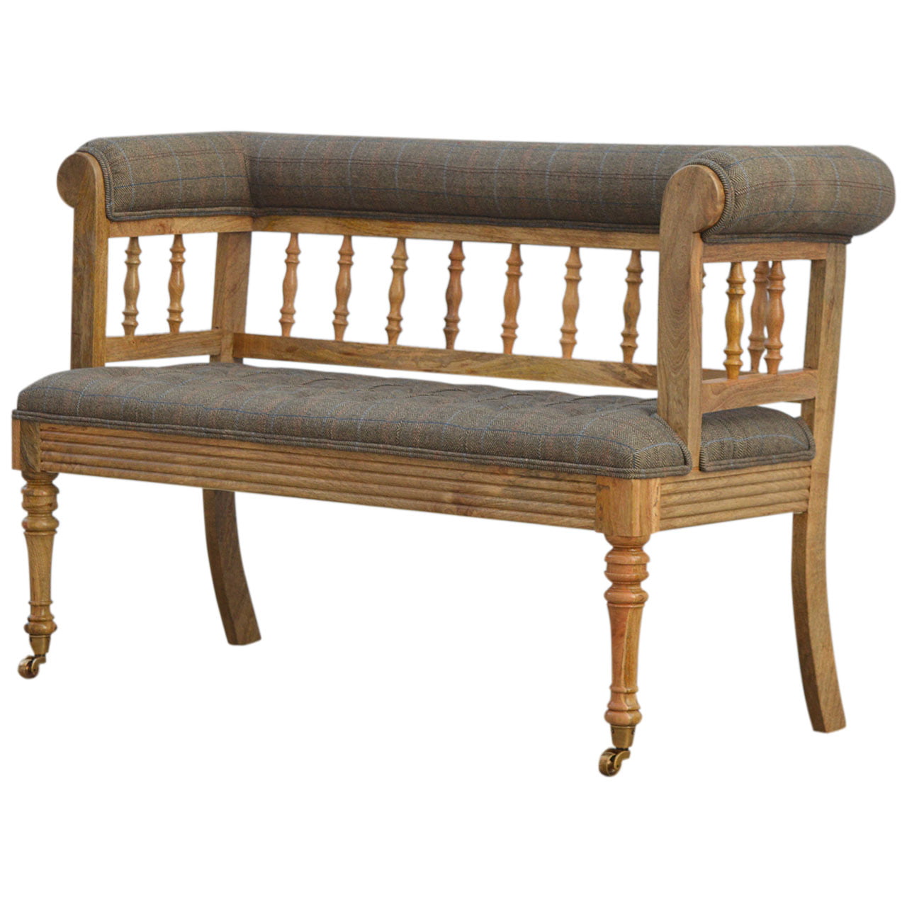 Wooden bench with upholstered backrest and seat on a white background