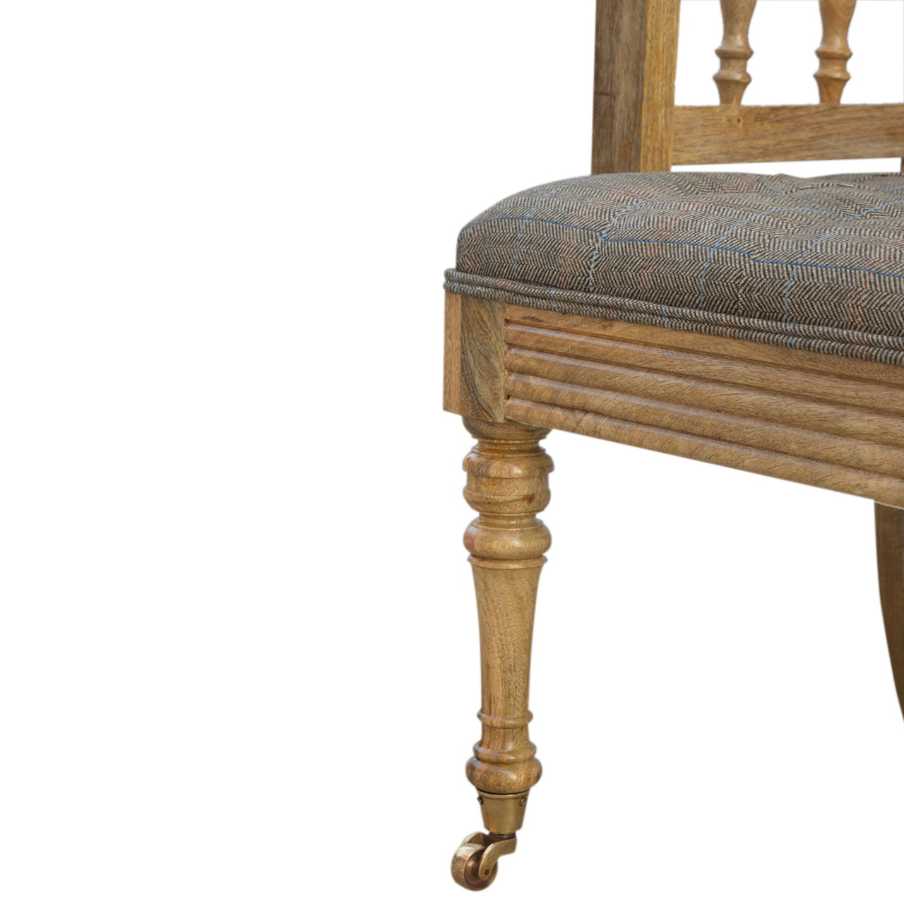 Wooden chair with a patterned cushion on a white background
