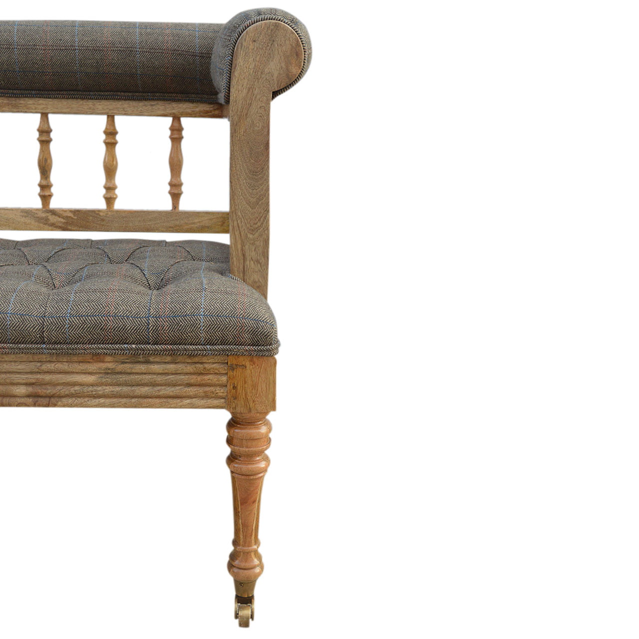 Wooden bench with tufted fabric seat and backrest on a white background