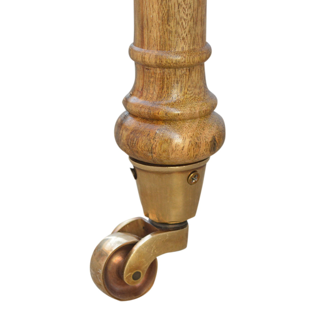 Wooden leg with brass caster wheel on a white background