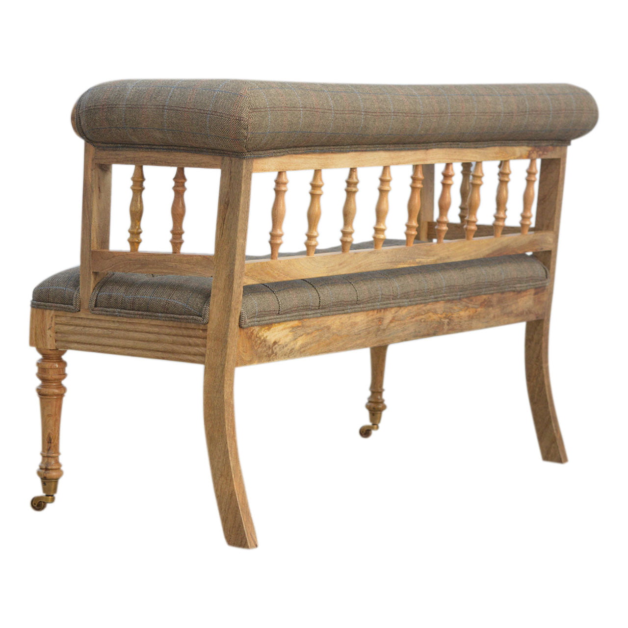 Wooden bench with plaid cushion on a white background