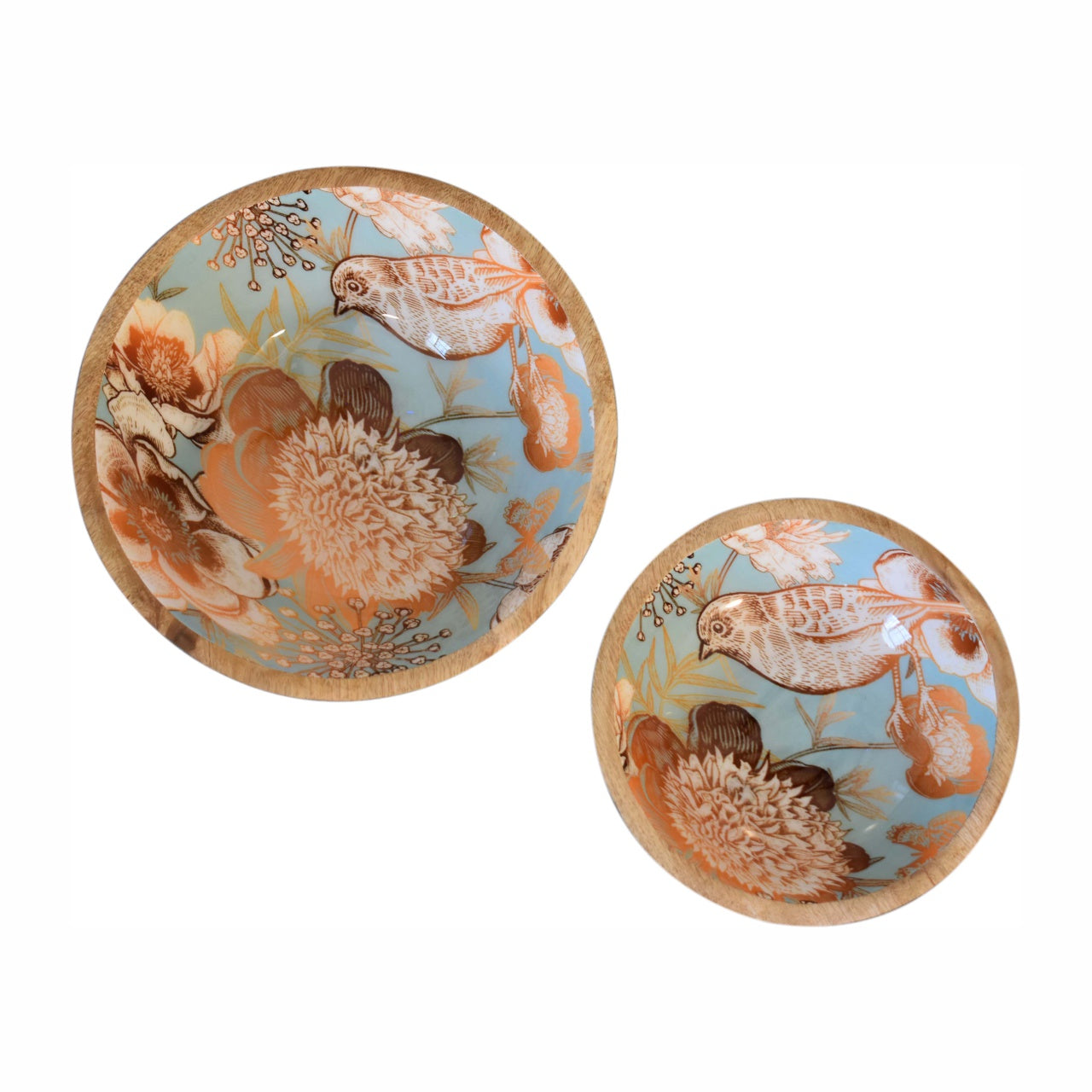 Two ceramic plates with floral and bird design on a white background