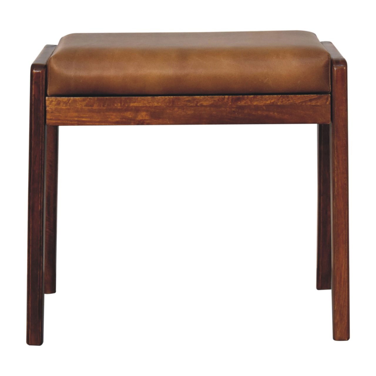 Wooden stool with a brown leather seat on a white background