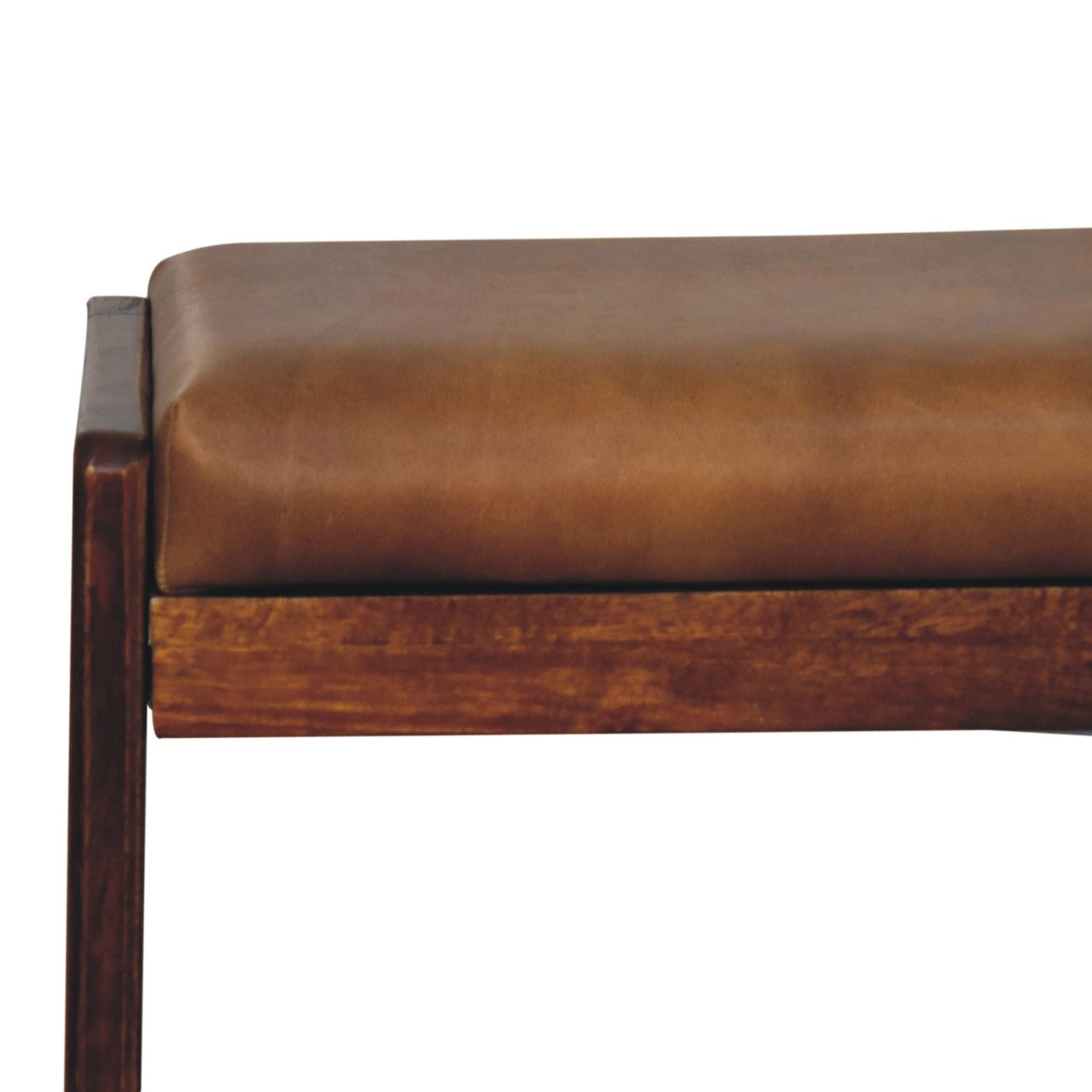Brown leather bench with wooden frame on a white background