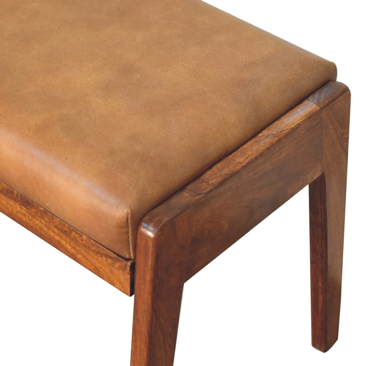 Brown leather bench with wooden frame on a white background