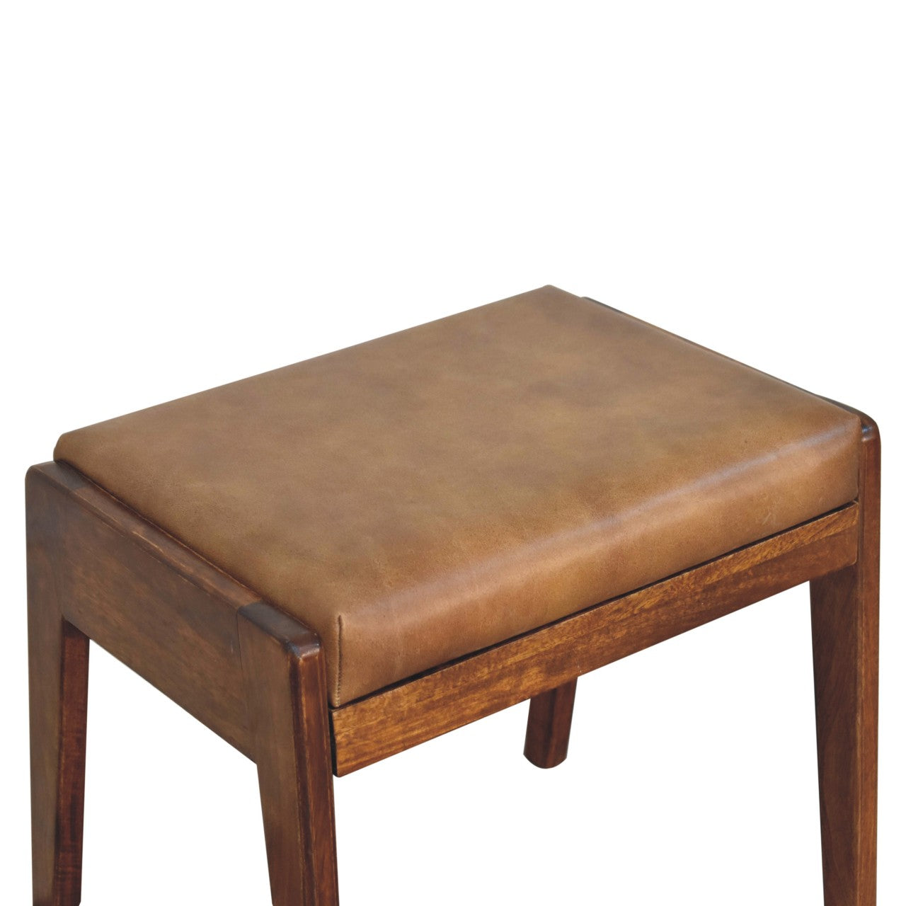 Brown leather stool with wooden frame on a white background