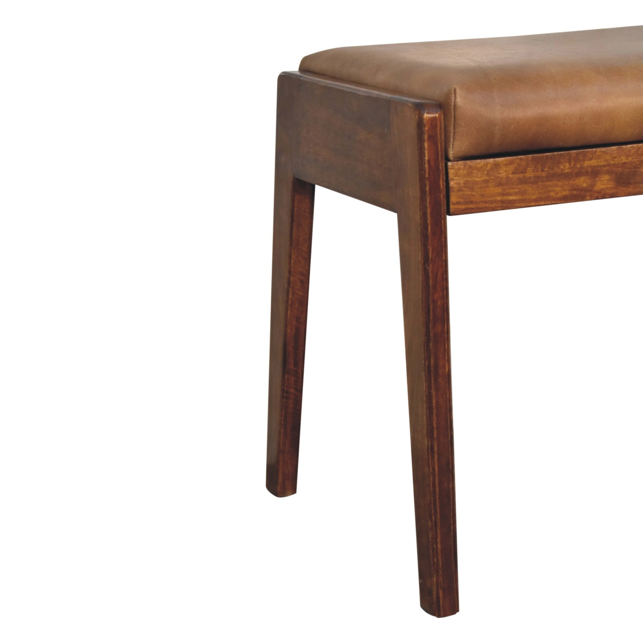 Brown leather bench with wooden legs on a white background