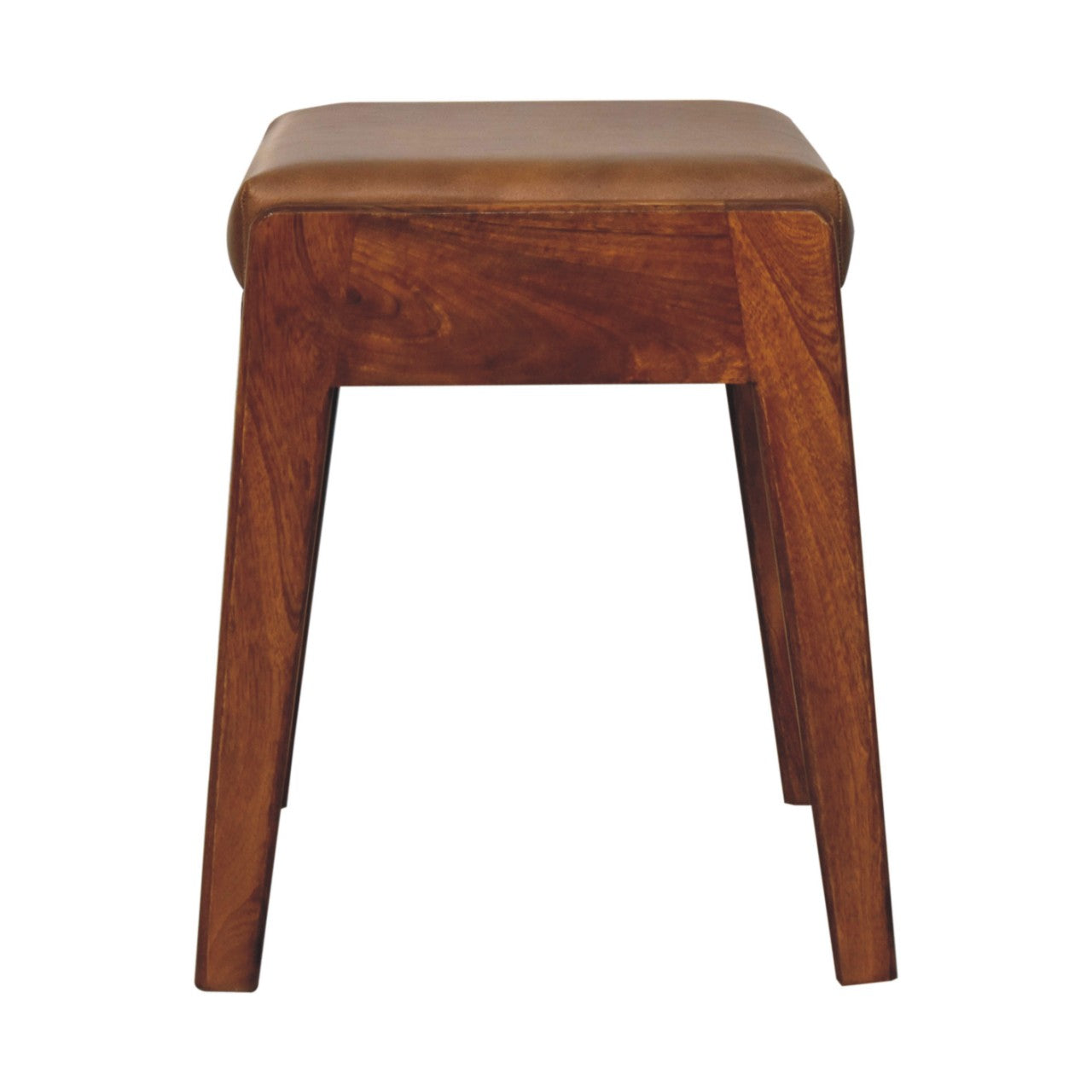 Wooden stool with a brown cushioned seat on a white background