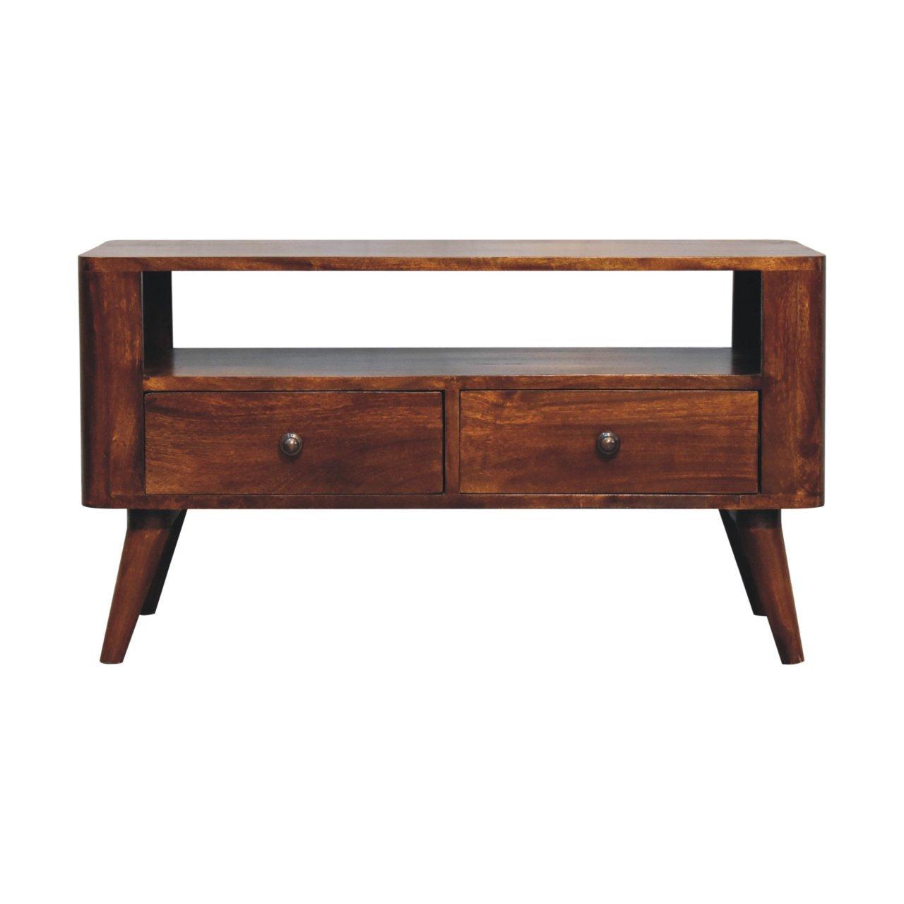 Wooden TV stand with two drawers on a white background