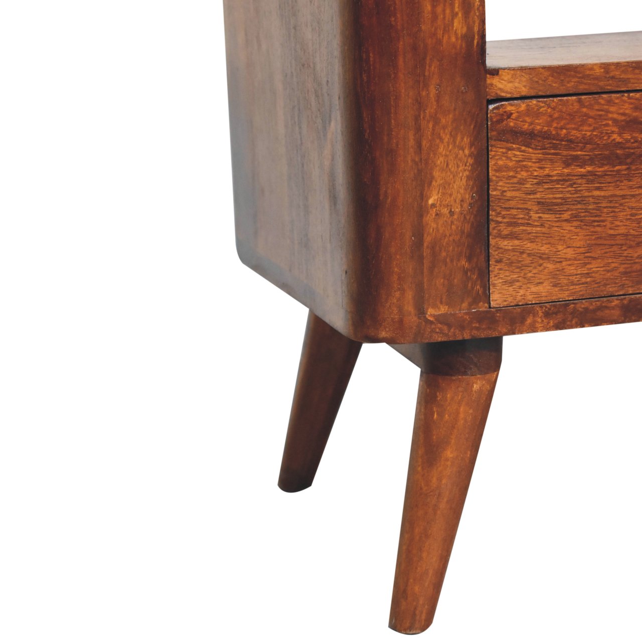 Wooden side table with a drawer on a white background