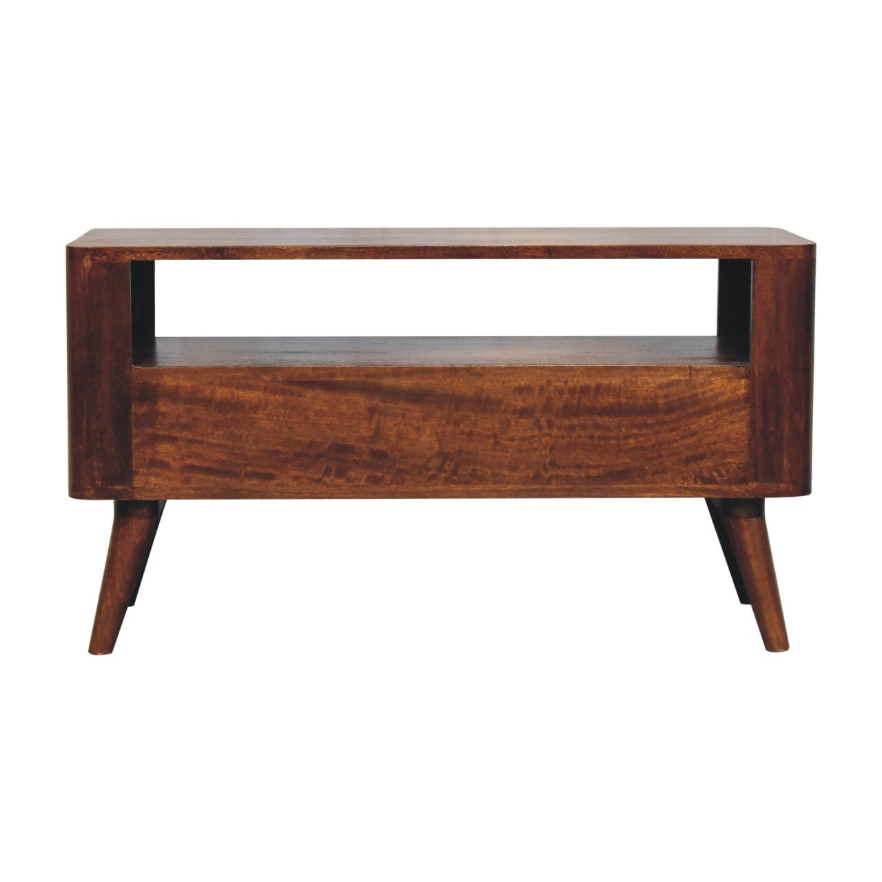 Wooden coffee table with a dark brown finish on a white background