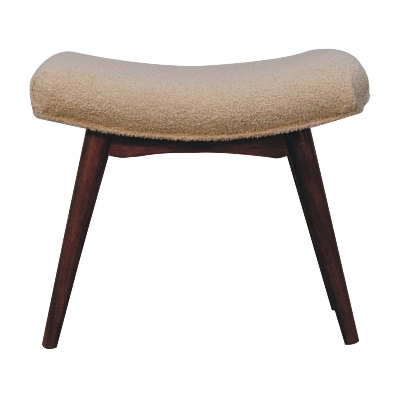Beige cushioned stool with wooden legs on a white background