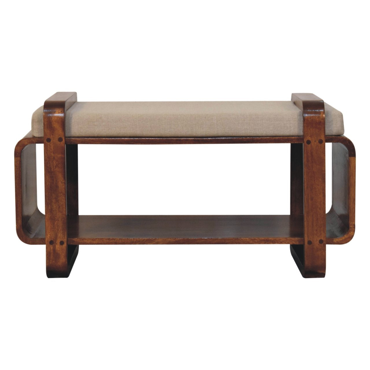 Wooden bench with beige cushion on a white background