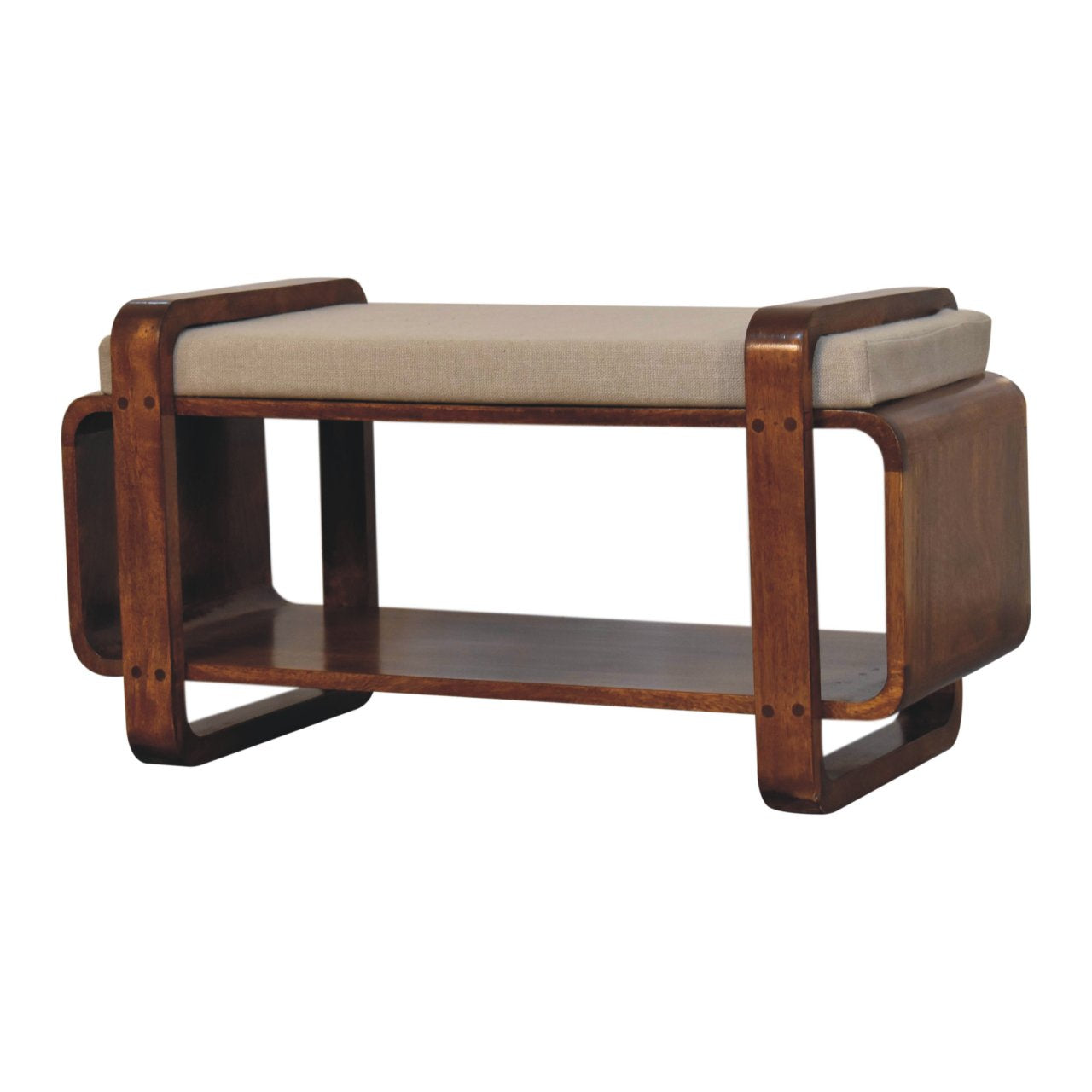 Wooden ottoman with a cushion on a white background