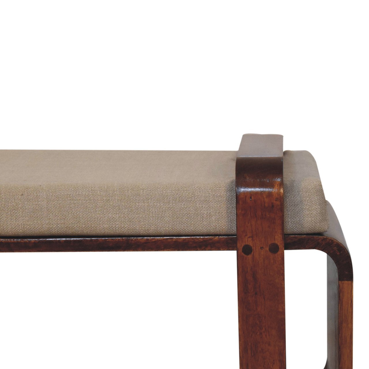 Wooden bench with beige cushion on a white background