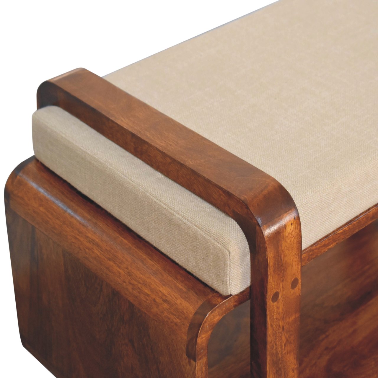 Wooden bench with beige cushion on a white background