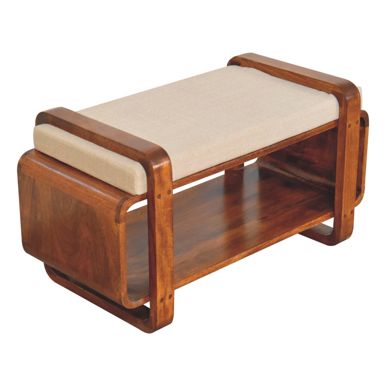 Wooden bench with beige cushion on a white background