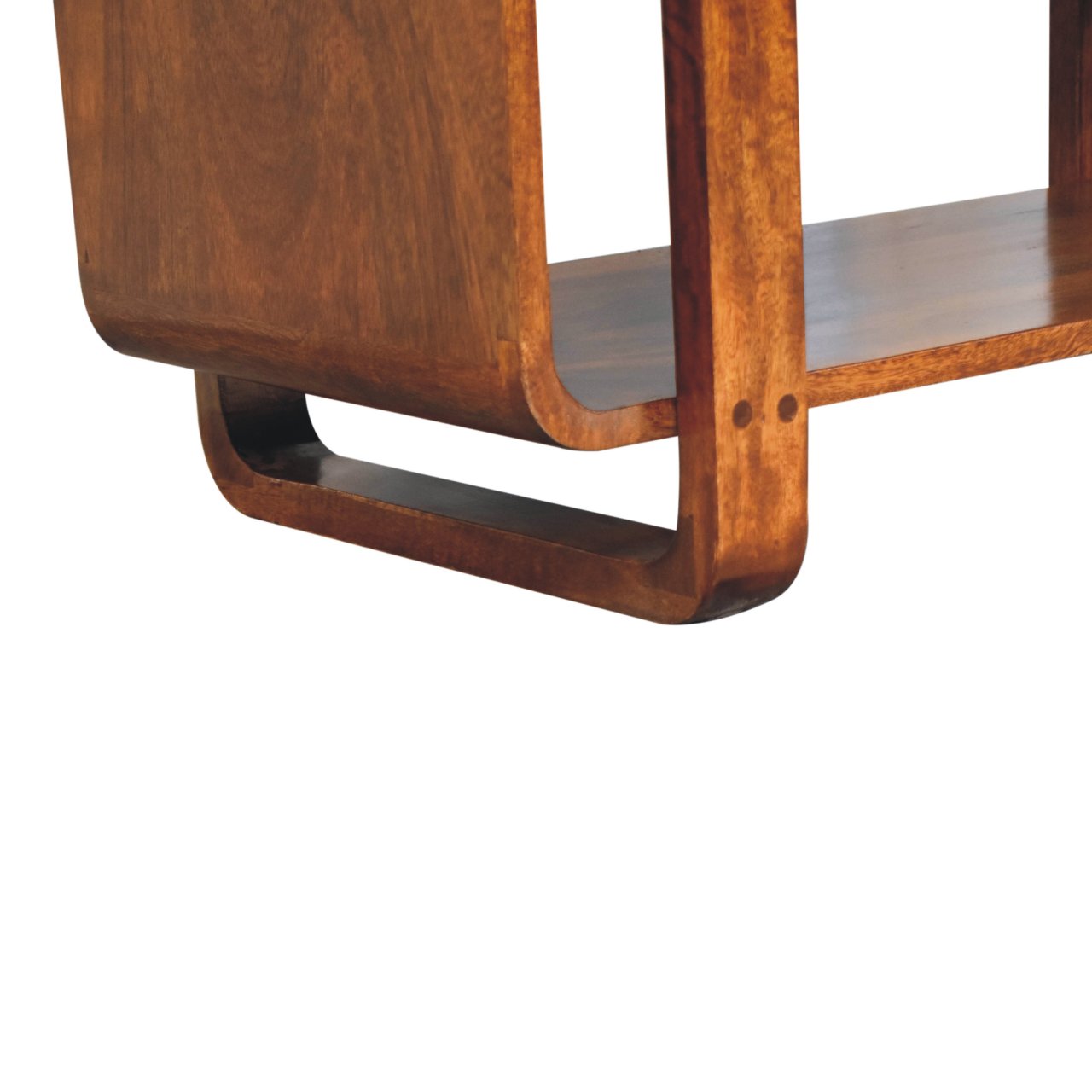 Wooden shelf with a curved design on a white background
