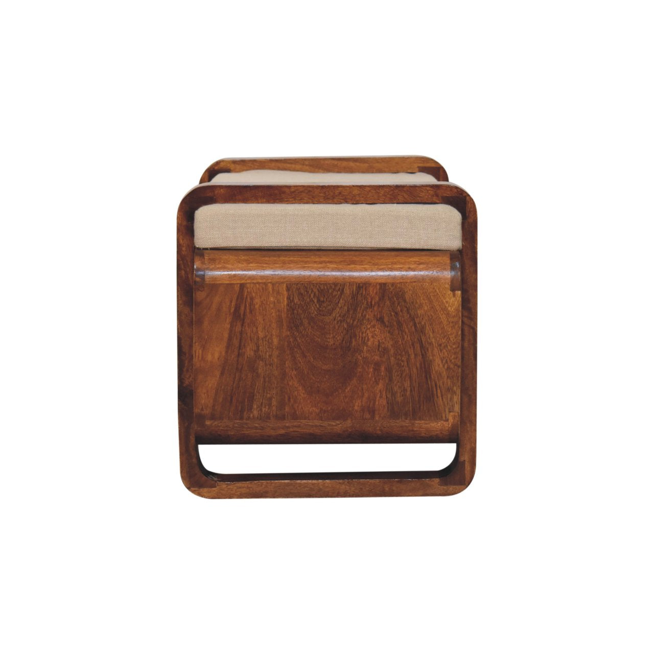 Wooden stool with a beige cushion on a white background