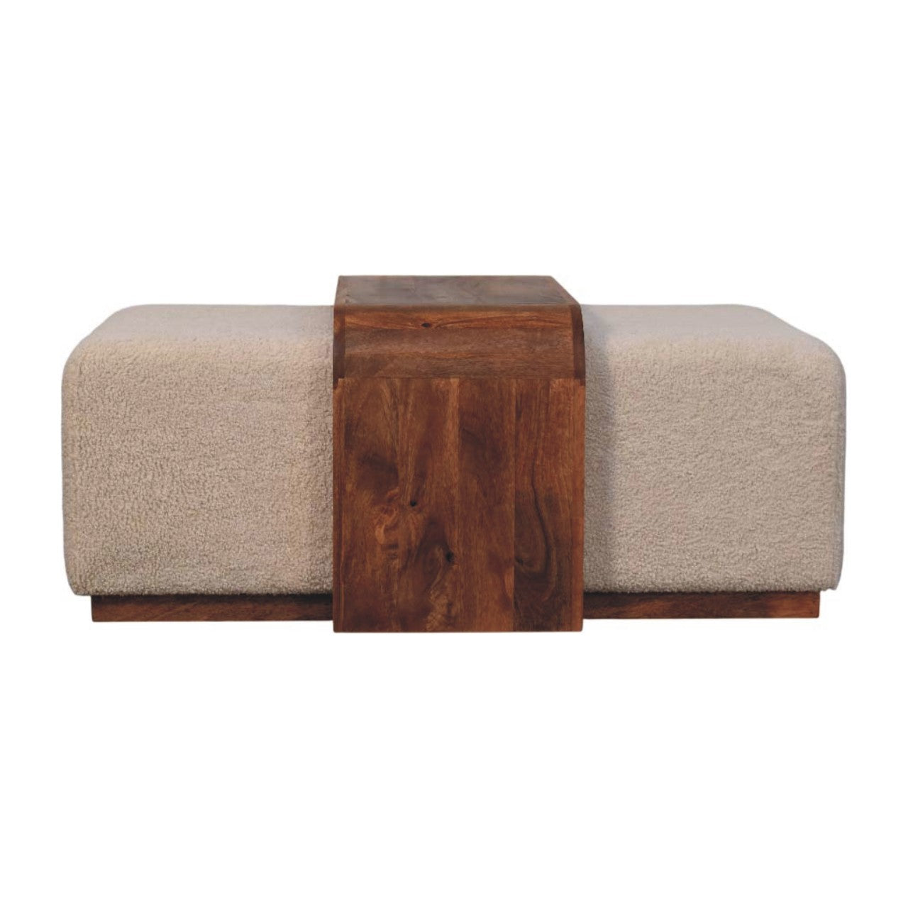 Beige ottoman with a wooden panel on a white background
