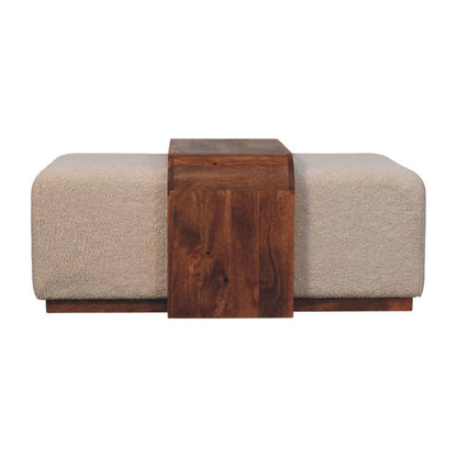 Beige ottoman with a wooden panel on a white background