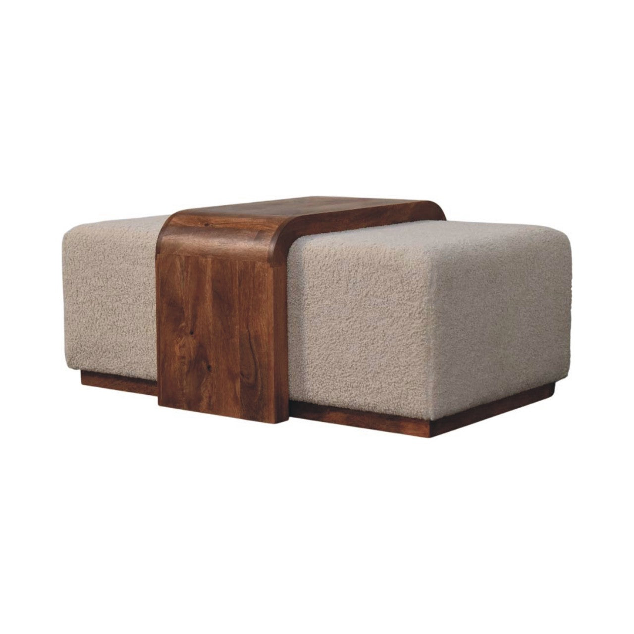 Two square ottomans with a wooden center on a white background