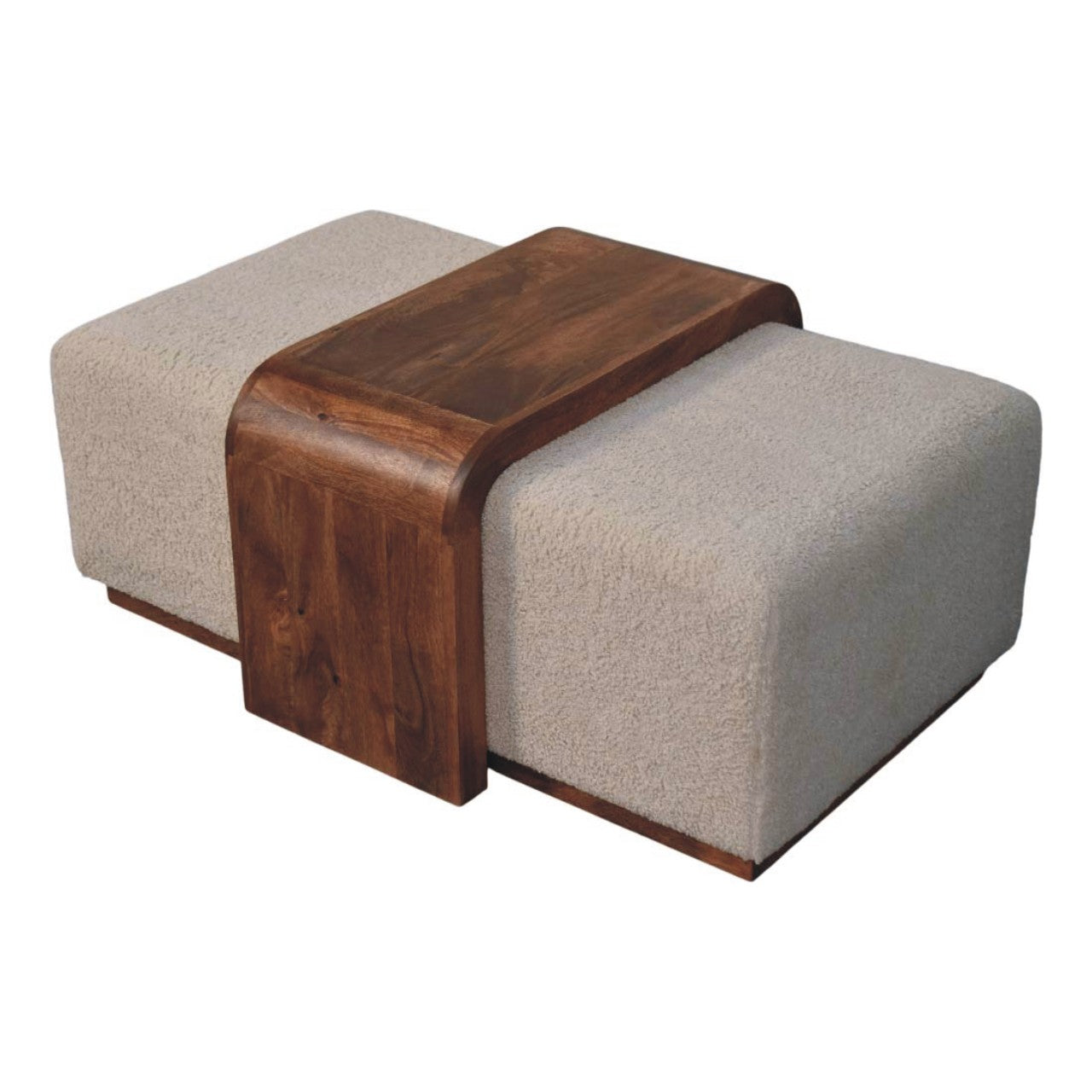 Two cube-shaped ottomans with a wooden top on a white background