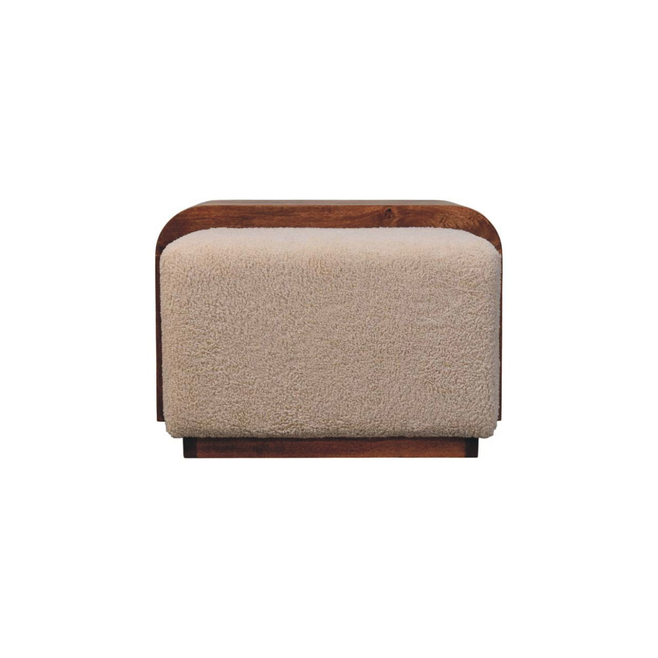 Beige ottoman with wooden frame on a white background
