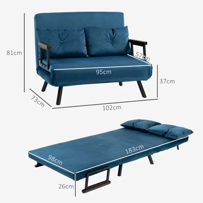 Blue sofa bed with dimensions labeled on a white background
