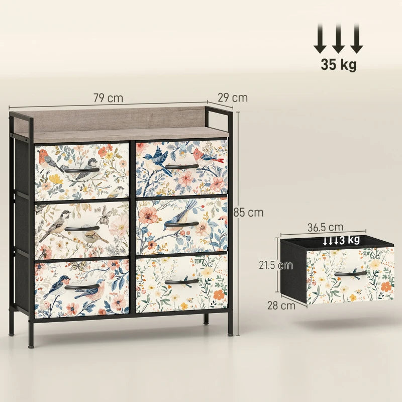 Multicolored floral-patterned dresser with dimensions and weight indicators on a beige background