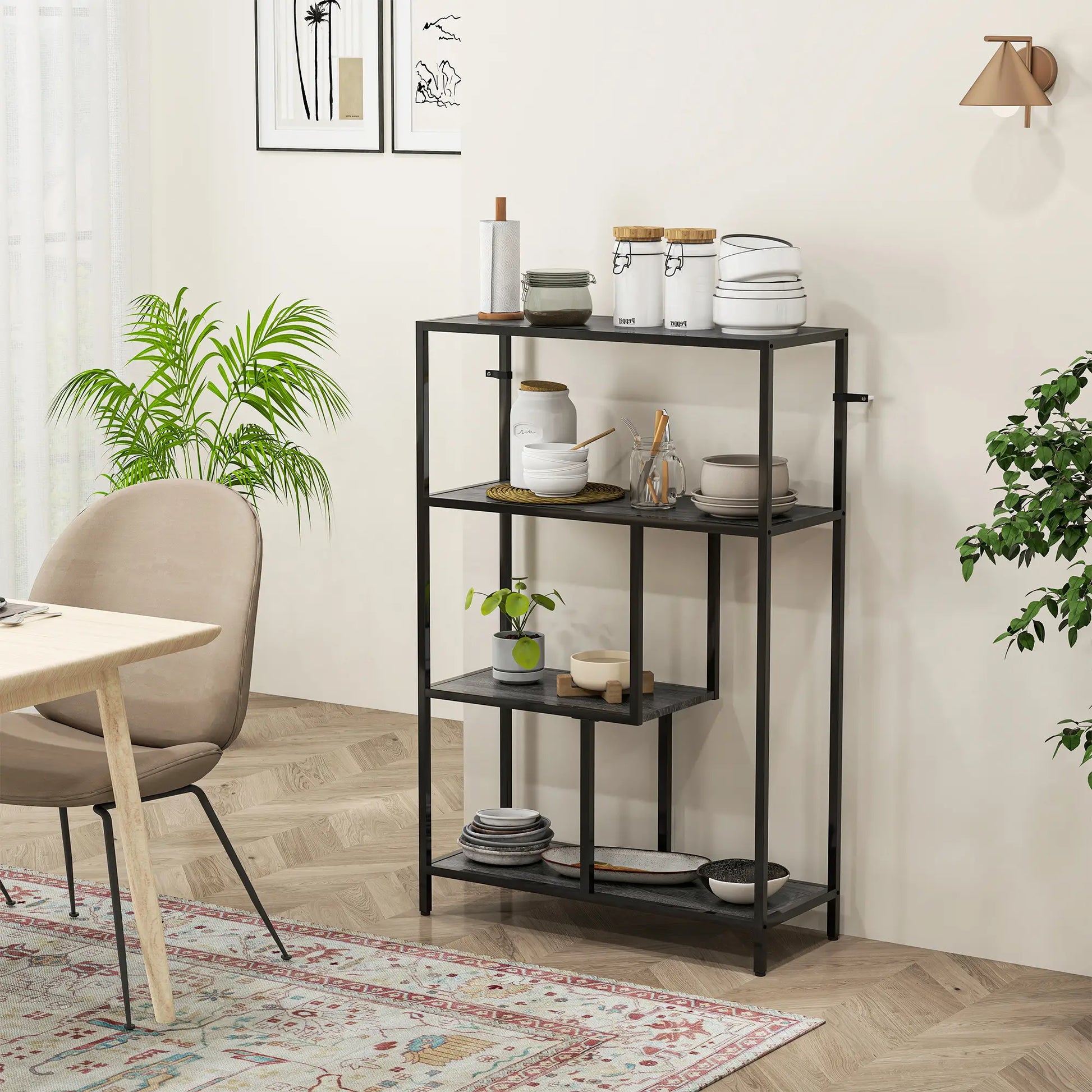 Black metal shelf with decorative items in a room with a chair, table, and plants.