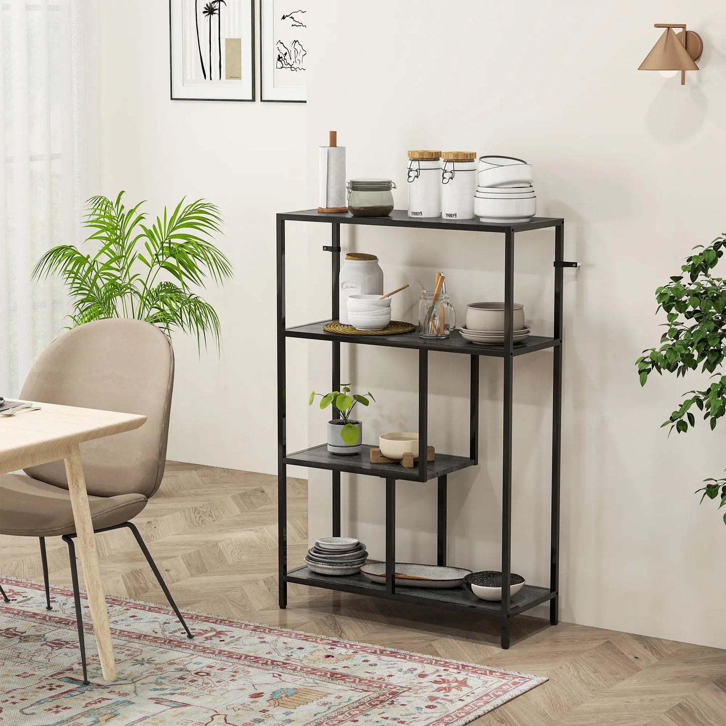 Black metal shelf with decorative items in a room with a chair, table, and plants.