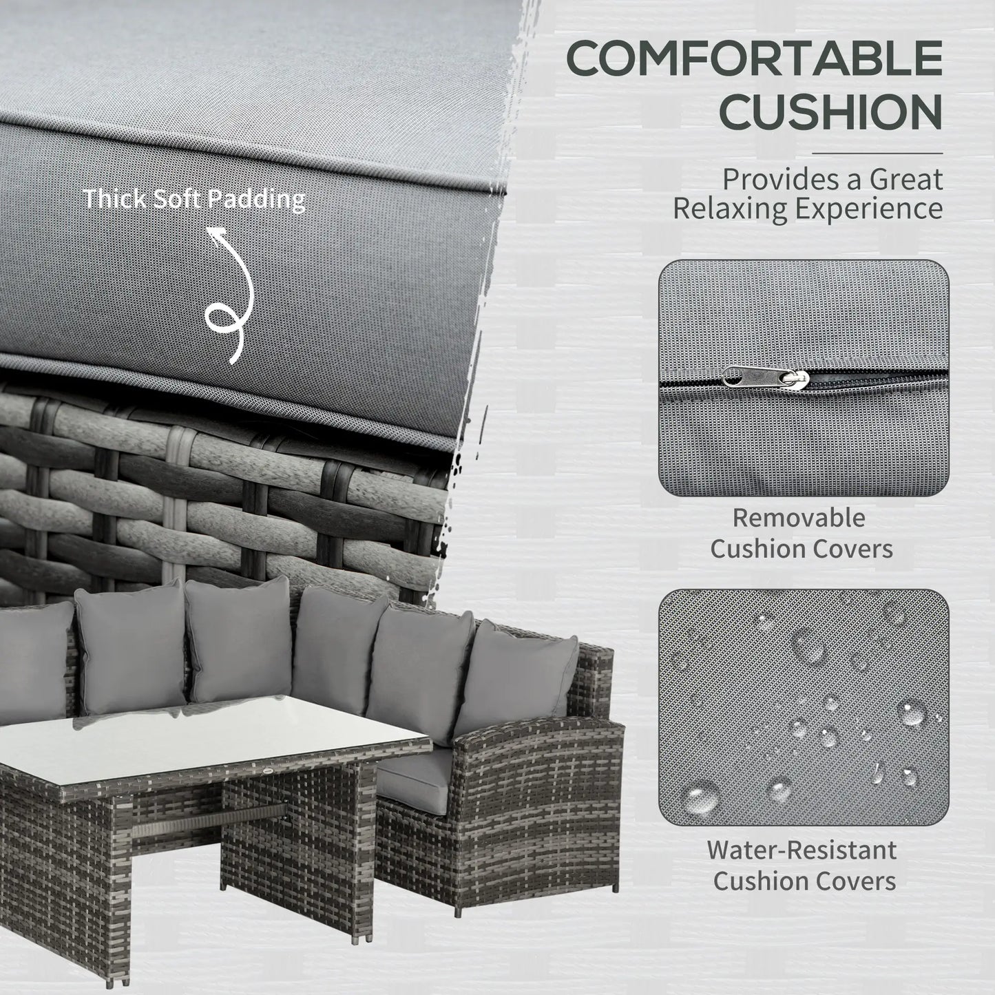 Outdoor furniture set with gray cushions, highlighting comfort and durability features.