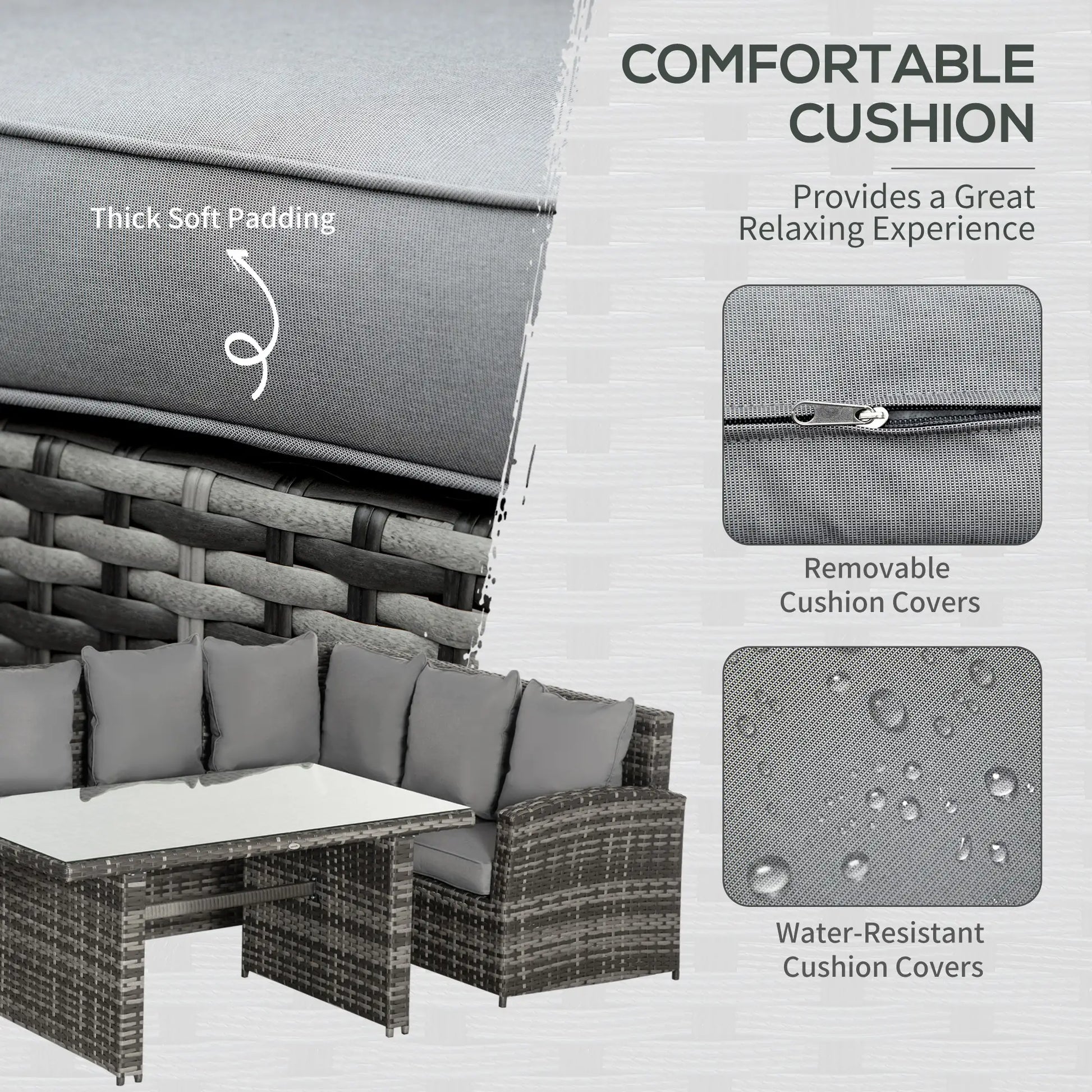 Outdoor furniture set with gray cushions, highlighting comfort and durability features.
