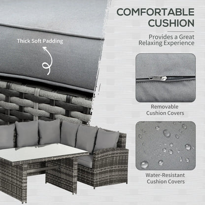 Outdoor furniture set with gray cushions, highlighting comfort and durability features.
