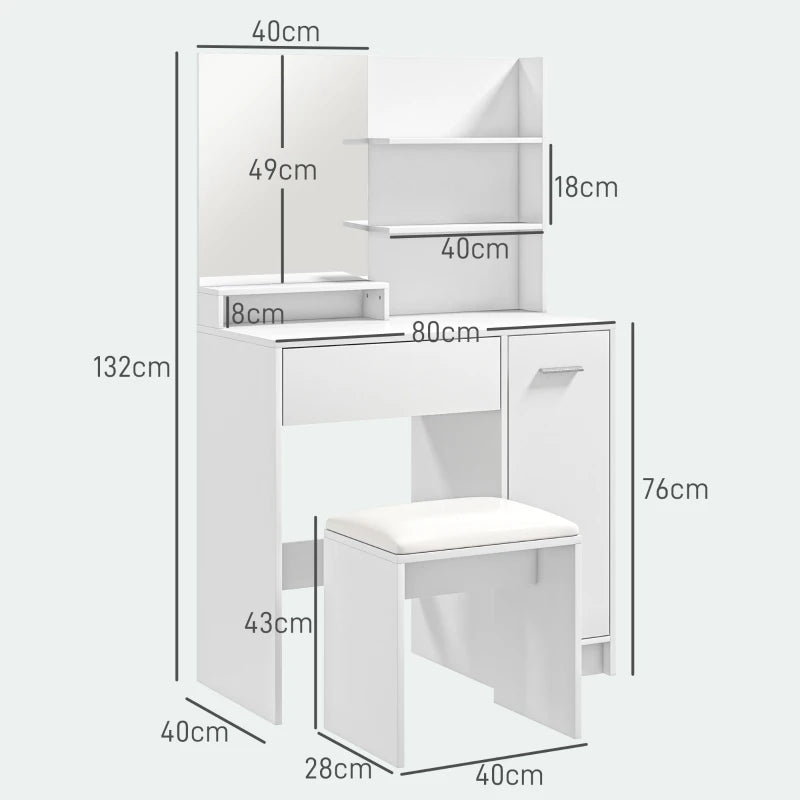 White vanity table with dimensions labeled on a white background