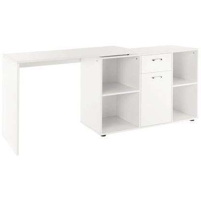 White office desk with storage shelves and drawers on a white background