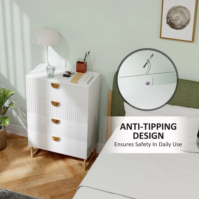 White dresser with gold accents in a bedroom setting, featuring an anti-tipping design label.