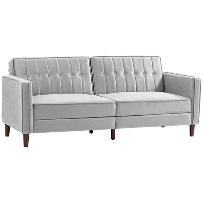 Gray sofa with tufted backrest on a white background